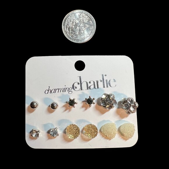 Charming Charlie Earrings 6 Pairs Silver Tone Stud Style Fashion - Picture 4 of 5